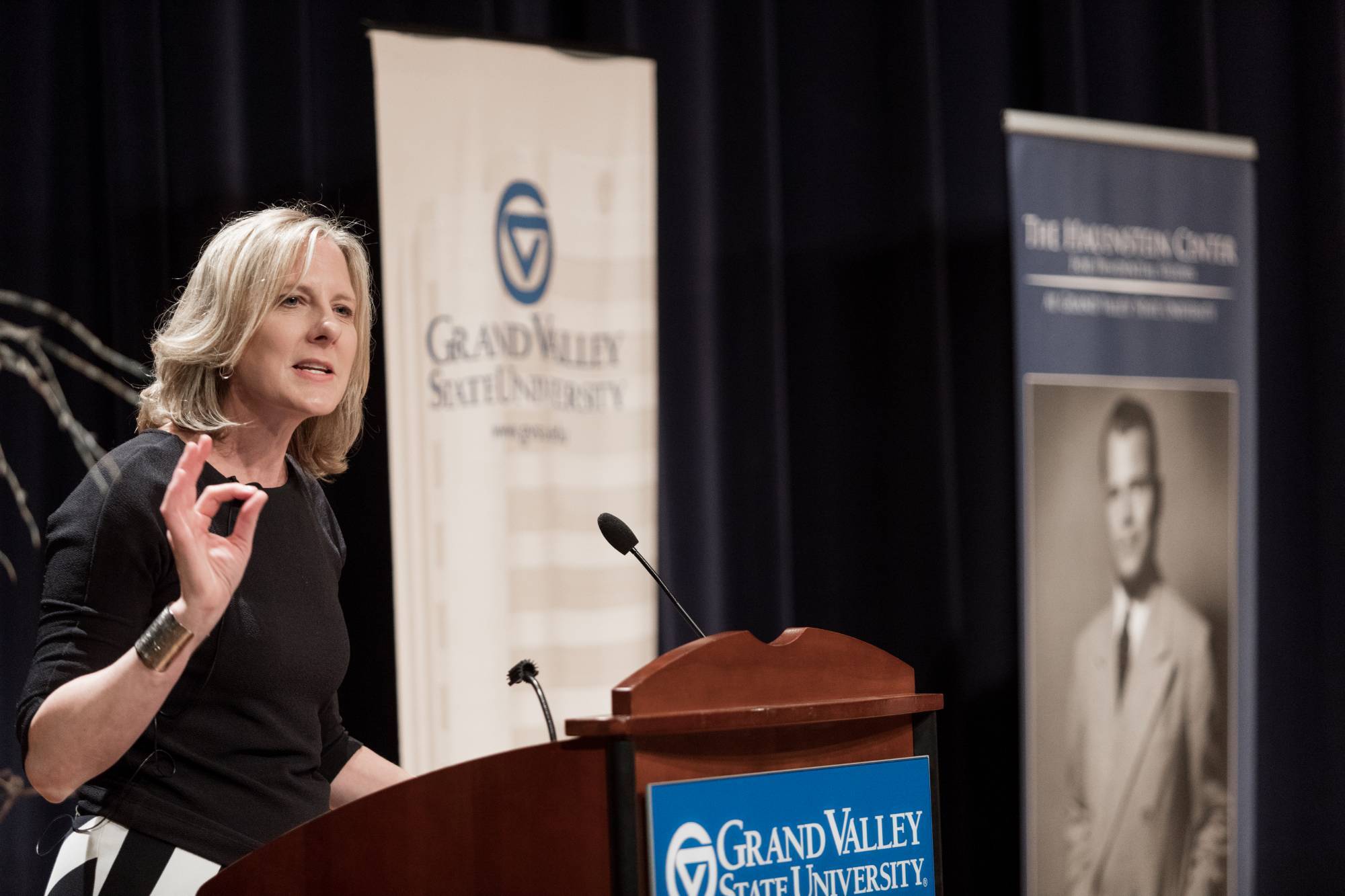 Guest speaker Heather Gerken speaks from the stage.